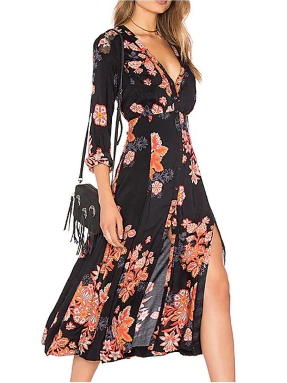 Free People Black Midi Dress with Orange Floral Print